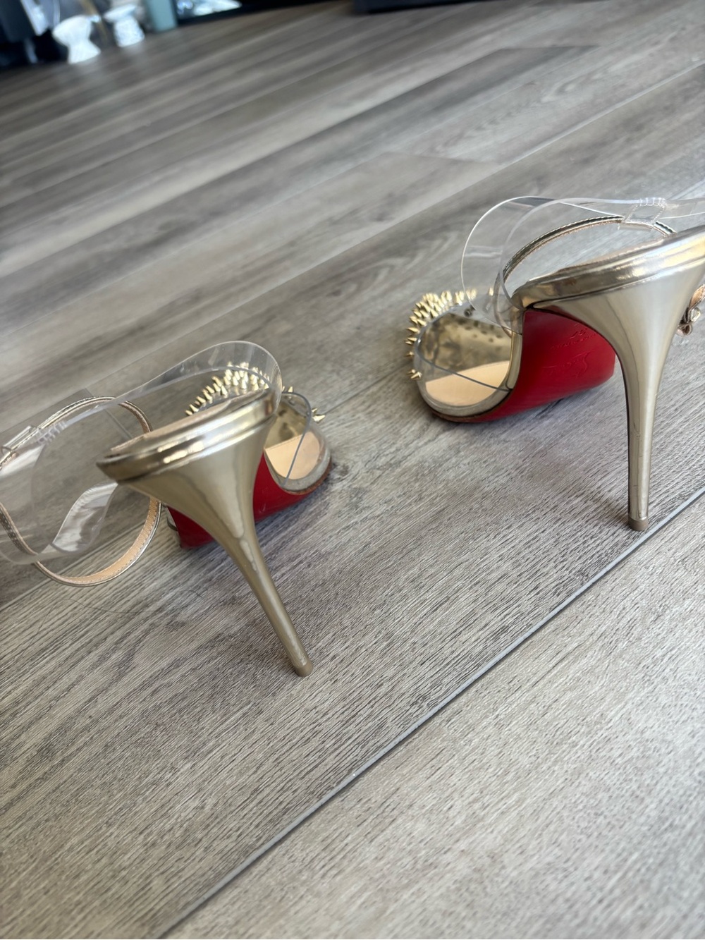 Christian Louboutin Clear PVC Pointed-Toe Slingbacks with Gold Spikes - Picture 5 of 6